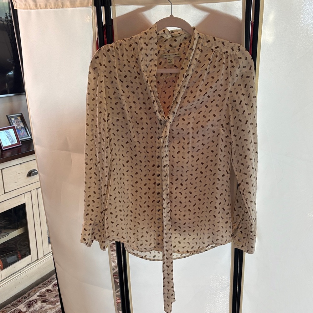 Banana Republic Cream Blouse with Black Paisley Print and Tie Neck